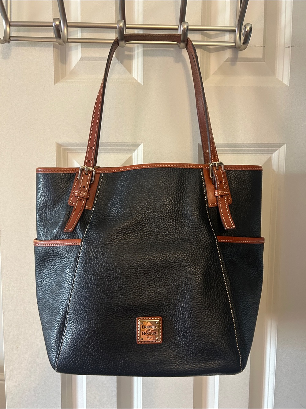 Dooney & Bourke Black Pebbled Leather Shoulder Tote with Brown Trim